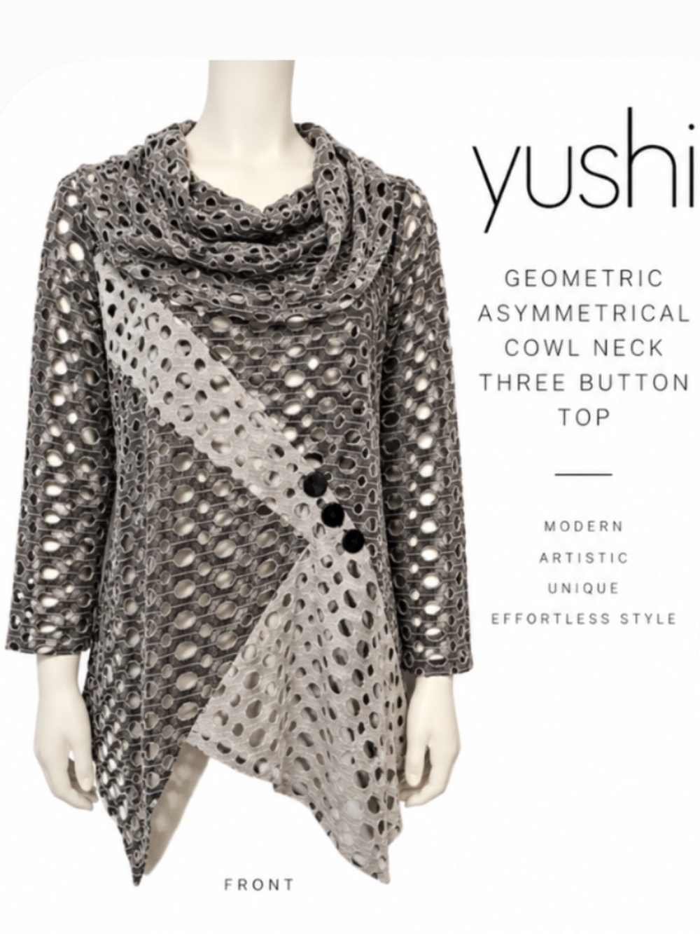 New! Yushi Geometric Asymmetrical Cowl Neck Button Art to Wear Tunic - Gray